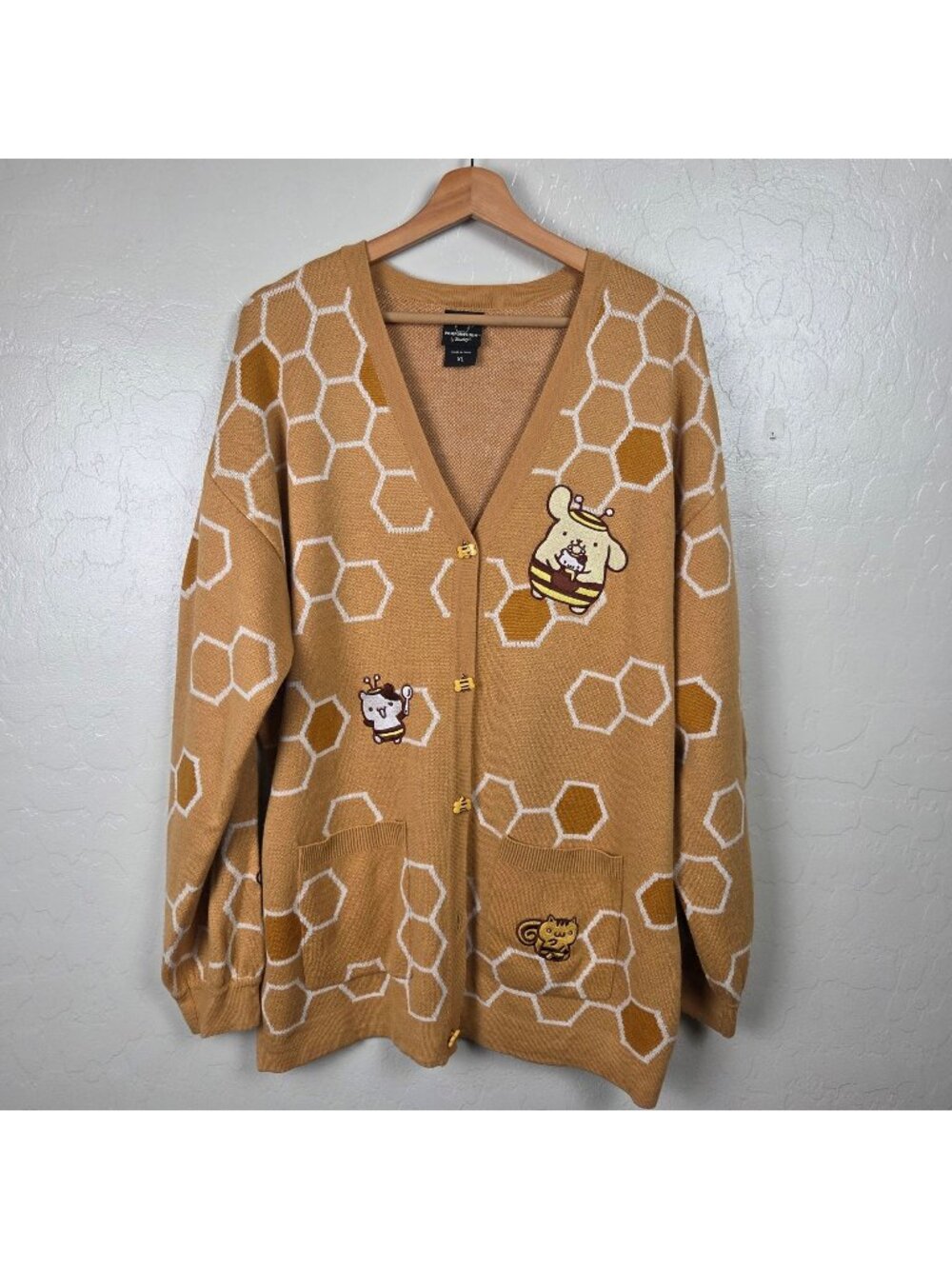Hot Topic Sanrio Pompompurin Honeycomb Knit Cardigan Sweater Sz XL Embroidered